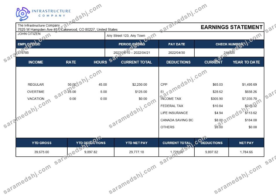 infrastructure company payslip template in Word and PDF formats
